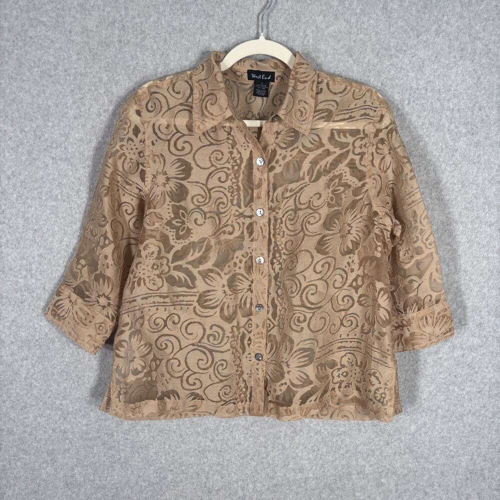 West End Blouse Small Tan Sheer Floral‎ Linen Neutrals Cover Up Artsy Festival